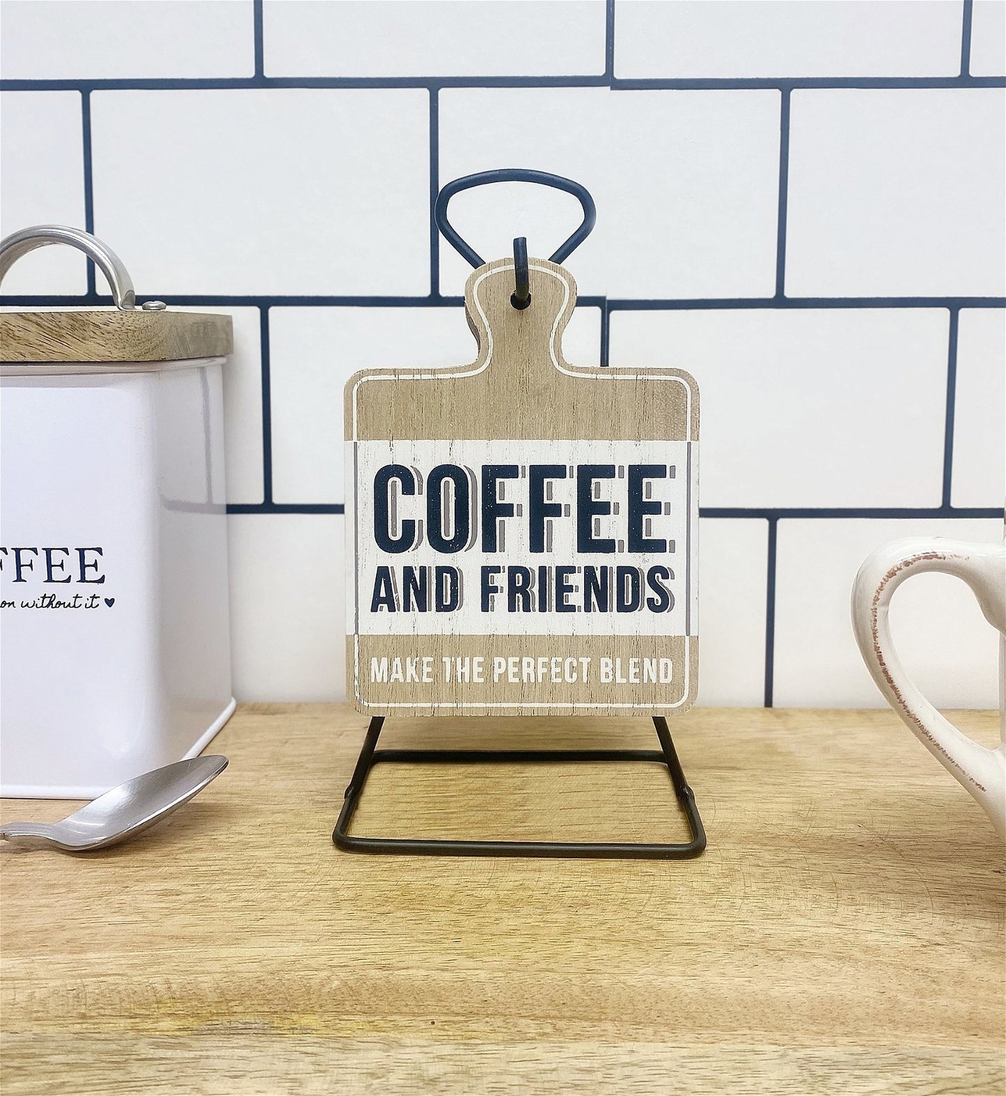 Set of Six Coffee Slogan Coasters On Metal Stand
