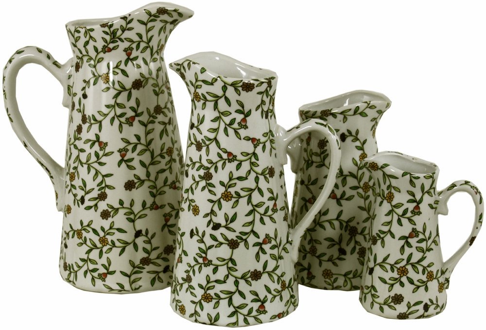 Set of 4 Ceramic Jugs, Vintage Green & White Floral Design