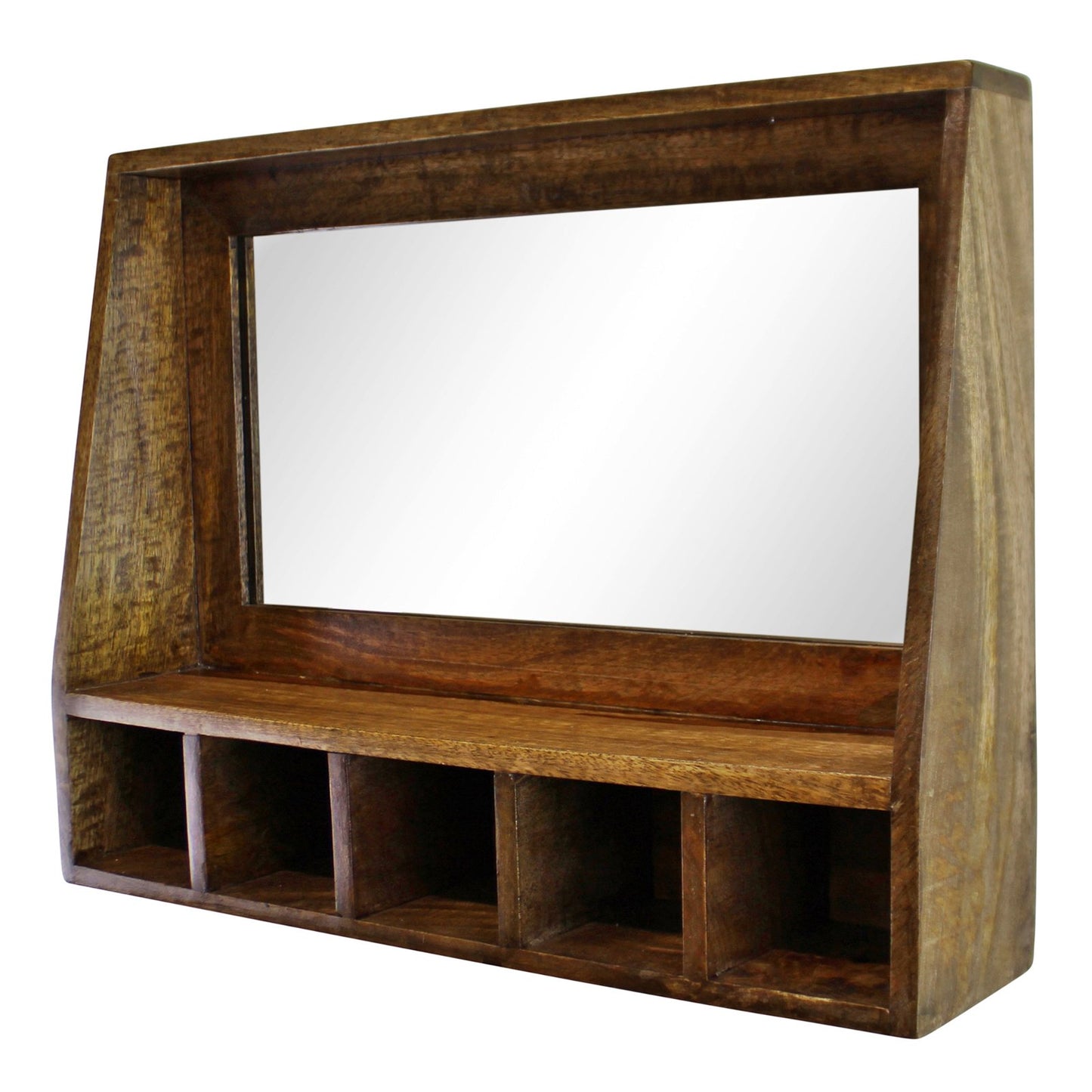 Mango Wood Wall Shelf With Mirror & Storage Slots