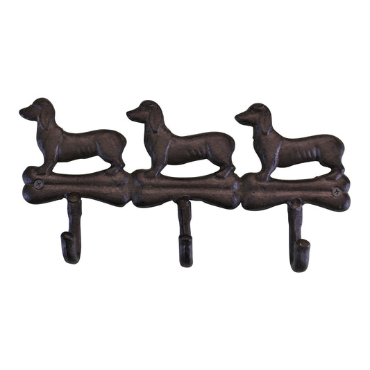 Rustic Cast Iron Wall Hooks, Sausage Dog Design With 3 Hooks