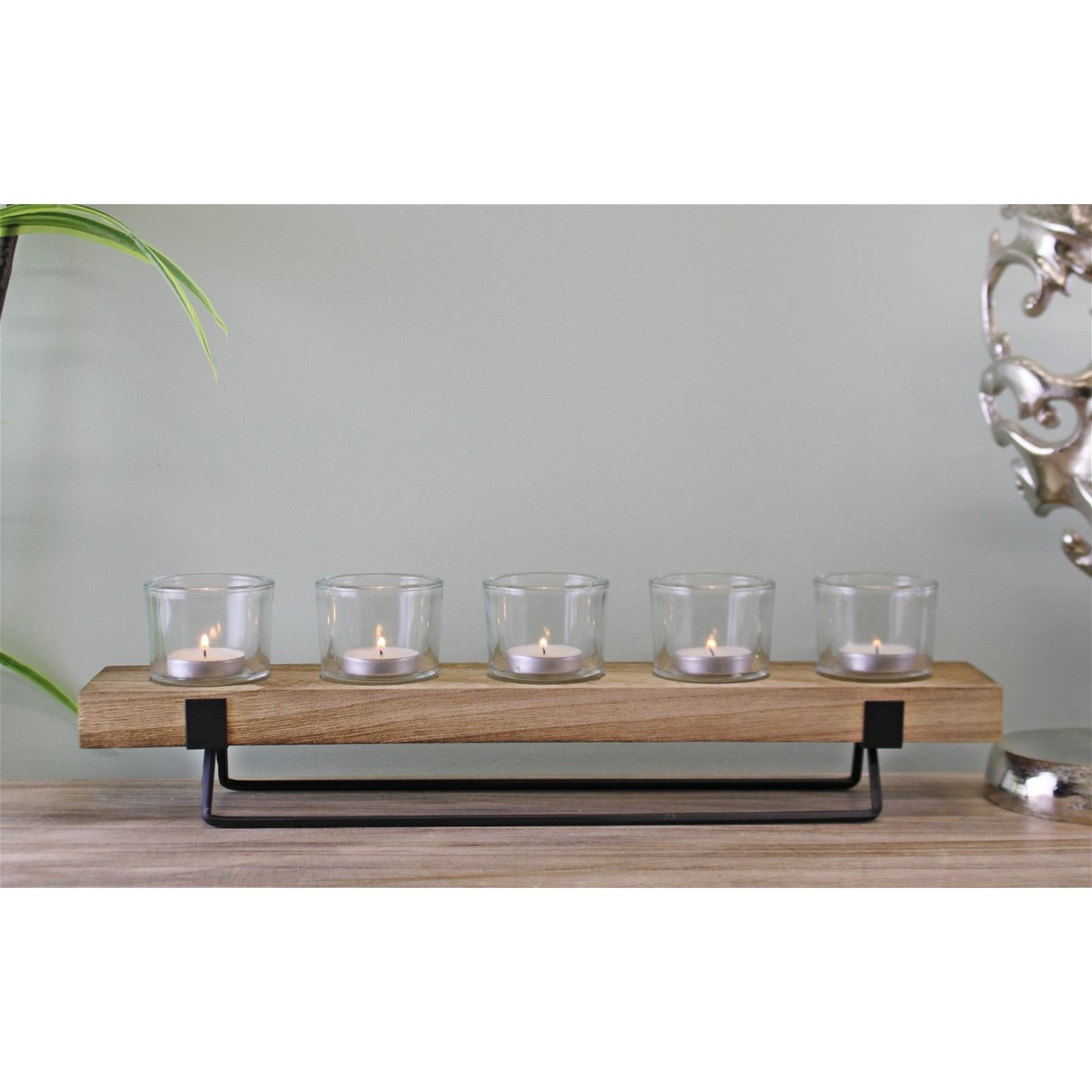 5 Piece Glass, Wood & Metal Tealight Holder