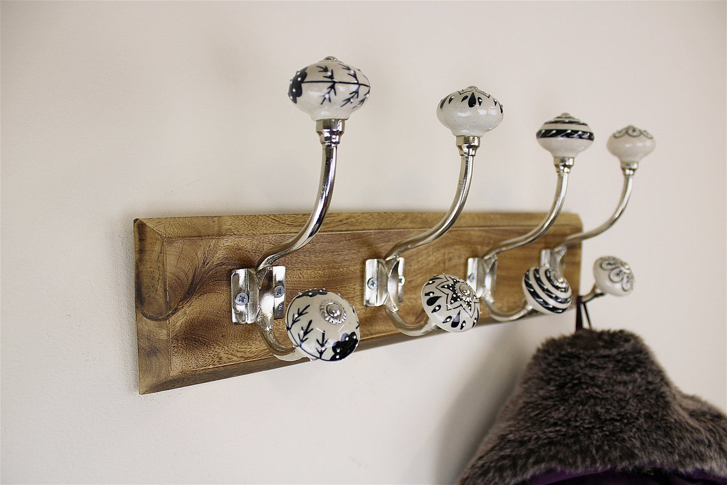 Black & White Ceramic Hooks on Wooden Base