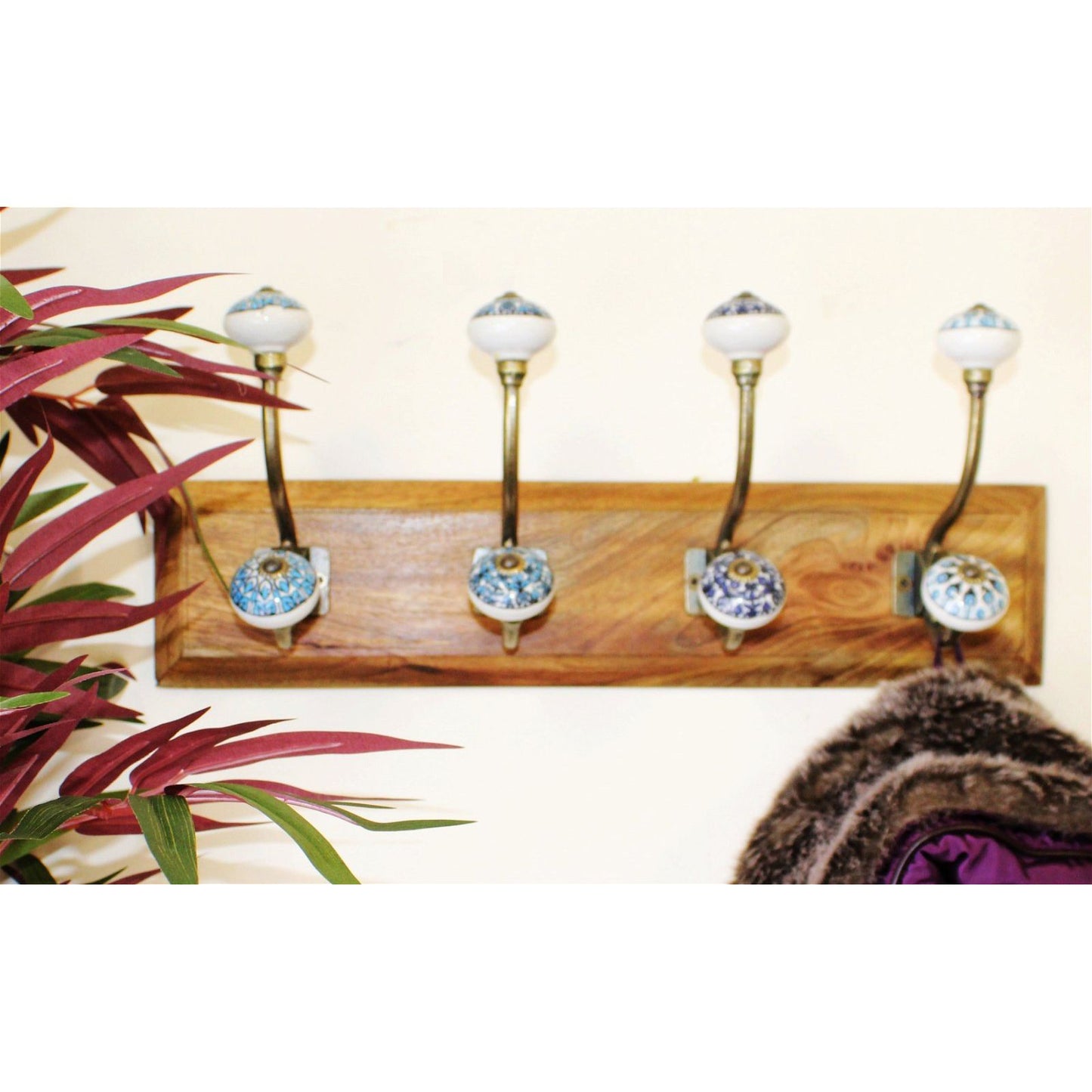 4 Double Ceramic Peacock Design Coat Hooks On Wooden Base