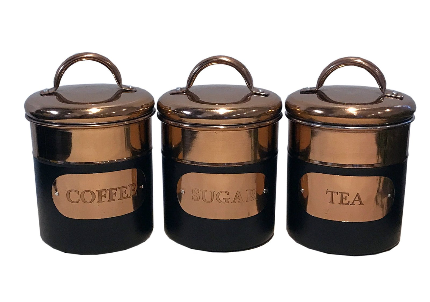 Set of 3 Black & Copper Tea, Sugar & Coffee Tins