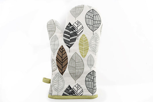 Kitchen Oven Glove With Contemporary Green Leaf Print Design